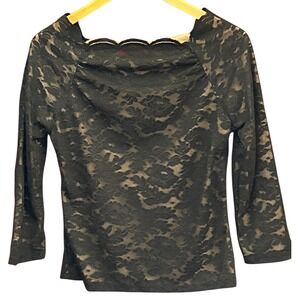 Y2K A|Line Lace Blouse Gothic Romantic Scalloped Square Neck 3/4 Sleeve Black